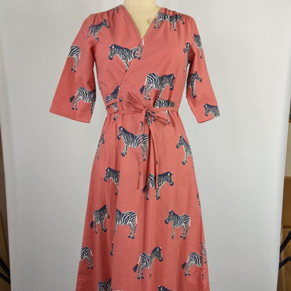 NWT Mata Traders 100% Cotton Fair Trade Zebra Print Wrap Dress - Coral Size S